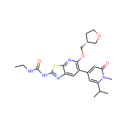 CCNC(=O)Nc1nc2cc(-c3cc(C(C)C)n(C)c(=O)c3)c(OC[C@@H]3CCOC3)nc2s1 ZINC000169340148