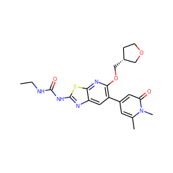 CCNC(=O)Nc1nc2cc(-c3cc(C)n(C)c(=O)c3)c(OC[C@@H]3CCOC3)nc2s1 ZINC000169340146