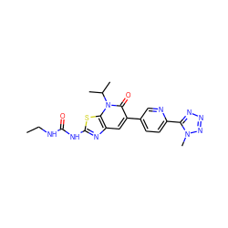 CCNC(=O)Nc1nc2cc(-c3ccc(-c4nnnn4C)nc3)c(=O)n(C(C)C)c2s1 ZINC000103264834