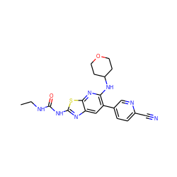 CCNC(=O)Nc1nc2cc(-c3ccc(C#N)nc3)c(NC3CCOCC3)nc2s1 ZINC000169340132