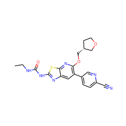 CCNC(=O)Nc1nc2cc(-c3ccc(C#N)nc3)c(OC[C@@H]3CCOC3)nc2s1 ZINC000069063452