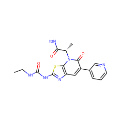 CCNC(=O)Nc1nc2cc(-c3cccnc3)c(=O)n([C@@H](C)C(N)=O)c2s1 ZINC000103263648