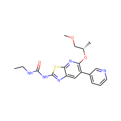 CCNC(=O)Nc1nc2cc(-c3cccnc3)c(O[C@@H](C)COC)nc2s1 ZINC000169340087