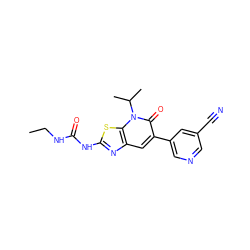 CCNC(=O)Nc1nc2cc(-c3cncc(C#N)c3)c(=O)n(C(C)C)c2s1 ZINC000103264830