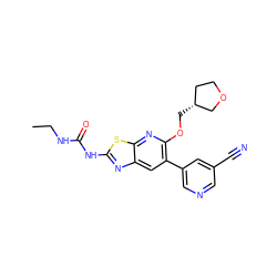 CCNC(=O)Nc1nc2cc(-c3cncc(C#N)c3)c(OC[C@@H]3CCOC3)nc2s1 ZINC000069063465