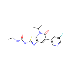 CCNC(=O)Nc1nc2cc(-c3cncc(F)c3)c(=O)n(C(C)C)c2s1 ZINC000103263654