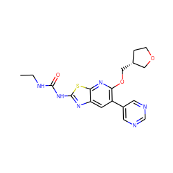 CCNC(=O)Nc1nc2cc(-c3cncnc3)c(OC[C@@H]3CCOC3)nc2s1 ZINC000069063309