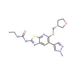 CCNC(=O)Nc1nc2cc(-c3cnn(C)c3)c(OC[C@@H]3CCOC3)nc2s1 ZINC000069063333