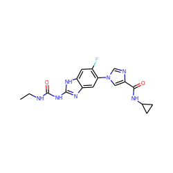 CCNC(=O)Nc1nc2cc(-n3cnc(C(=O)NC4CC4)c3)c(F)cc2[nH]1 ZINC000040891862