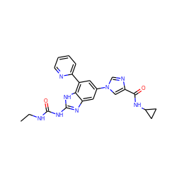 CCNC(=O)Nc1nc2cc(-n3cnc(C(=O)NC4CC4)c3)cc(-c3ccccn3)c2[nH]1 ZINC000040421520