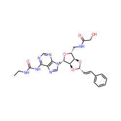 CCNC(=O)Nc1ncnc2c1ncn2[C@@H]1O[C@H](CNC(=O)CO)[C@H]2O[C@H](/C=C/c3ccccc3)O[C@H]21 ZINC000029125319