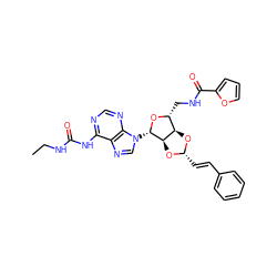 CCNC(=O)Nc1ncnc2c1ncn2[C@@H]1O[C@H](CNC(=O)c2ccco2)[C@H]2O[C@H](/C=C/c3ccccc3)O[C@H]21 ZINC000029125298