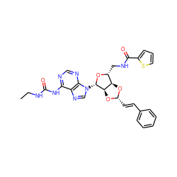 CCNC(=O)Nc1ncnc2c1ncn2[C@@H]1O[C@H](CNC(=O)c2cccs2)[C@H]2O[C@H](/C=C/c3ccccc3)O[C@H]21 ZINC000029125299