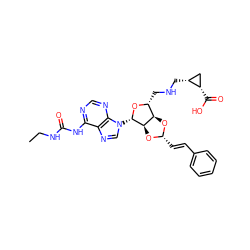 CCNC(=O)Nc1ncnc2c1ncn2[C@@H]1O[C@H](CNC[C@@H]2C[C@@H]2C(=O)O)[C@H]2O[C@H](/C=C/c3ccccc3)O[C@H]21 ZINC000029125040