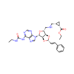 CCNC(=O)Nc1ncnc2c1ncn2[C@@H]1O[C@H](CNC[C@@H]2C[C@@H]2C(=O)OCC)[C@H]2O[C@H](/C=C/c3ccccc3)O[C@H]21 ZINC000029125191