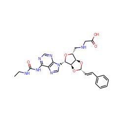 CCNC(=O)Nc1ncnc2c1ncn2[C@@H]1O[C@H](CNCC(=O)O)[C@H]2O[C@H](/C=C/c3ccccc3)O[C@H]21 ZINC000029125320