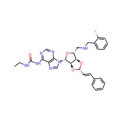 CCNC(=O)Nc1ncnc2c1ncn2[C@@H]1O[C@H](CNCc2ccccc2F)[C@H]2O[C@H](/C=C/c3ccccc3)O[C@H]21 ZINC000029124984