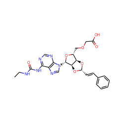 CCNC(=O)Nc1ncnc2c1ncn2[C@@H]1O[C@H](COCC(=O)O)[C@H]2O[C@H](/C=C/c3ccccc3)O[C@H]21 ZINC000029124922