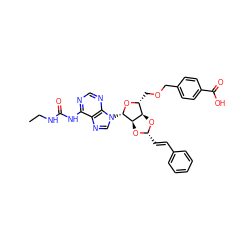 CCNC(=O)Nc1ncnc2c1ncn2[C@@H]1O[C@H](COCc2ccc(C(=O)O)cc2)[C@H]2O[C@H](/C=C/c3ccccc3)O[C@H]21 ZINC000029124871