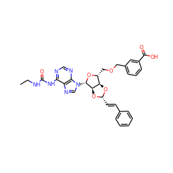 CCNC(=O)Nc1ncnc2c1ncn2[C@@H]1O[C@H](COCc2cccc(C(=O)O)c2)[C@H]2O[C@H](/C=C/c3ccccc3)O[C@H]21 ZINC000029124869