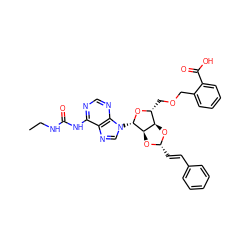 CCNC(=O)Nc1ncnc2c1ncn2[C@@H]1O[C@H](COCc2ccccc2C(=O)O)[C@H]2O[C@H](/C=C/c3ccccc3)O[C@H]21 ZINC000029124924