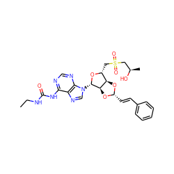 CCNC(=O)Nc1ncnc2c1ncn2[C@@H]1O[C@H](CS(=O)(=O)C[C@@H](C)O)[C@H]2O[C@H](/C=C/c3ccccc3)O[C@H]21 ZINC000029125122