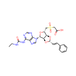 CCNC(=O)Nc1ncnc2c1ncn2[C@@H]1O[C@H](CS(=O)(=O)CC(=O)O)[C@H]2O[C@H](/C=C/c3ccccc3)O[C@H]21 ZINC000029124978