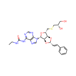 CCNC(=O)Nc1ncnc2c1ncn2[C@@H]1O[C@H](CSC[C@@H](O)CO)[C@H]2O[C@H](/C=C/c3ccccc3)O[C@H]21 ZINC000029125112