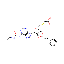 CCNC(=O)Nc1ncnc2c1ncn2[C@@H]1O[C@H](CSCC(=O)O)[C@H]2O[C@H](/C=C/c3ccccc3)O[C@H]21 ZINC000029125032