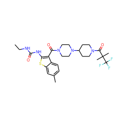 CCNC(=O)Nc1sc2cc(C)ccc2c1C(=O)N1CCN(C2CCN(C(=O)C(C)(C)C(F)(F)F)CC2)CC1 ZINC000066074473