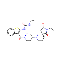 CCNC(=O)Nc1sc2ccccc2c1C(=O)N1CCC(N2CCC[C@]3(CC(=O)N(CC)C3=O)C2)CC1 ZINC000084758406