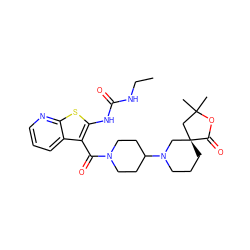 CCNC(=O)Nc1sc2ncccc2c1C(=O)N1CCC(N2CCC[C@@]3(C2)CC(C)(C)OC3=O)CC1 ZINC000084758440