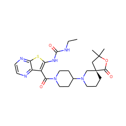 CCNC(=O)Nc1sc2nccnc2c1C(=O)N1CCC(N2CCC[C@@]3(C2)CC(C)(C)OC3=O)CC1 ZINC000084758444