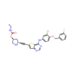 CCNC(=O)O[C@@H]1CN[C@H](C#Cc2cc3ncnc(Nc4ccc(OCc5cccc(F)c5)c(Cl)c4)c3s2)C1 ZINC000044388131