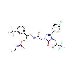 CCNC(=O)OC[C@@H](CNC(=O)Cn1nc(-c2ccc(Cl)cc2)n(C[C@H](O)C(F)(F)F)c1=O)c1cccc(C(F)(F)F)c1 ZINC000164208932