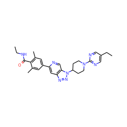 CCNC(=O)c1c(C)cc(-c2cc3nnn(C4CCN(c5ncc(CC)cn5)CC4)c3cn2)cc1C ZINC001772586095