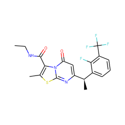 CCNC(=O)c1c(C)sc2nc([C@H](C)c3cccc(C(F)(F)F)c3F)cc(=O)n12 ZINC000653850711