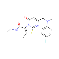 CCNC(=O)c1c(C)sc2nc(CN(C)c3ccc(F)cc3)cc(=O)n12 ZINC000653853882