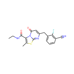 CCNC(=O)c1c(C)sc2nc(Cc3cccc(C#N)c3F)cc(=O)n12 ZINC000653856878