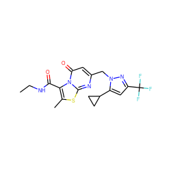 CCNC(=O)c1c(C)sc2nc(Cn3nc(C(F)(F)F)cc3C3CC3)cc(=O)n12 ZINC000653846533