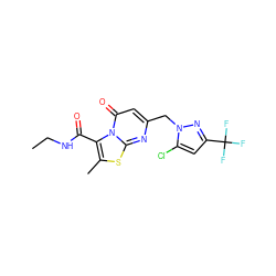 CCNC(=O)c1c(C)sc2nc(Cn3nc(C(F)(F)F)cc3Cl)cc(=O)n12 ZINC000584905405