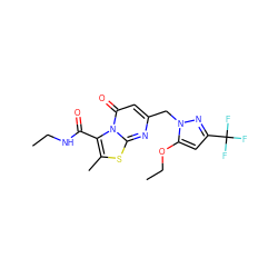 CCNC(=O)c1c(C)sc2nc(Cn3nc(C(F)(F)F)cc3OCC)cc(=O)n12 ZINC000653846540