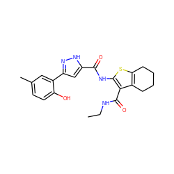 CCNC(=O)c1c(NC(=O)c2cc(-c3cc(C)ccc3O)n[nH]2)sc2c1CCCC2 ZINC000013121733