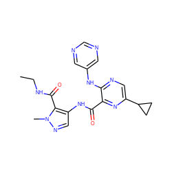 CCNC(=O)c1c(NC(=O)c2nc(C3CC3)cnc2Nc2cncnc2)cnn1C ZINC000169701820