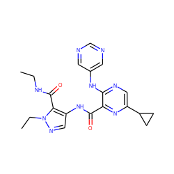 CCNC(=O)c1c(NC(=O)c2nc(C3CC3)cnc2Nc2cncnc2)cnn1CC ZINC000169701823