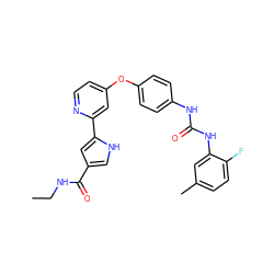 CCNC(=O)c1c[nH]c(-c2cc(Oc3ccc(NC(=O)Nc4cc(C)ccc4F)cc3)ccn2)c1 ZINC000168862019