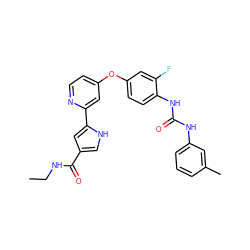 CCNC(=O)c1c[nH]c(-c2cc(Oc3ccc(NC(=O)Nc4cccc(C)c4)c(F)c3)ccn2)c1 ZINC000116238111