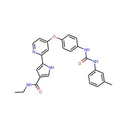 CCNC(=O)c1c[nH]c(-c2cc(Oc3ccc(NC(=O)Nc4cccc(C)c4)cc3)ccn2)c1 ZINC000116236224