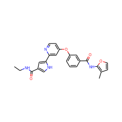 CCNC(=O)c1c[nH]c(-c2cc(Oc3cccc(C(=O)Nc4occc4C)c3)ccn2)c1 ZINC000169699239