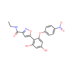 CCNC(=O)c1cc(-c2c(O)cc(O)cc2Oc2ccc([N+](=O)[O-])cc2)on1 ZINC000095921246